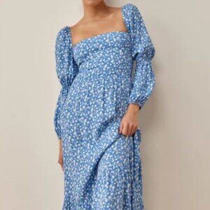 Reformation Mica Dress Puff Sleeve Midi Floral Wallflower Blue Size 2